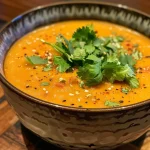 ['Close-up shot of creamy Coconut Curry Carrot Soup topped with cilantro and pepitas.', 'Side view of vibrant orange Coconut Curry Carrot Soup in a bowl, garnished with fresh herbs and seeds.', 'Detailed image of Coconut Curry Carrot Soup, showcasing its thick texture and colorful toppings.', 'Bowl of Coconut Curry Carrot Soup featuring a bright orange color, with cilantro and toasted pepitas on top.']