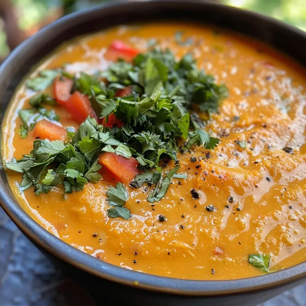 ['Close-up shot of creamy Coconut Curry Carrot Soup topped with cilantro and pepitas.', 'Side view of vibrant orange Coconut Curry Carrot Soup in a bowl, garnished with fresh herbs and seeds.', 'Detailed image of Coconut Curry Carrot Soup, showcasing its thick texture and colorful toppings.', 'Bowl of Coconut Curry Carrot Soup featuring a bright orange color, with cilantro and toasted pepitas on top.']