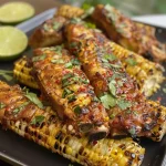 ['Close-up view of juicy corn ribs garnished with herbs.', 'Side angle of grilled corn ribs on a rustic wooden table.', 'Freshly prepared corn ribs drizzled with olive oil and spices.', 'Vibrant corn ribs served with lime wedges and colorful seasoning.']