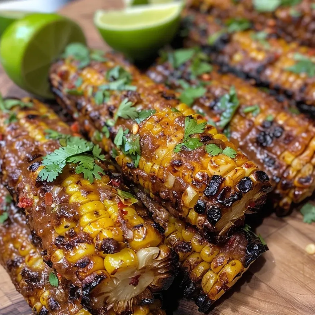['Close-up view of juicy corn ribs garnished with herbs.', 'Side angle of grilled corn ribs on a rustic wooden table.', 'Freshly prepared corn ribs drizzled with olive oil and spices.', 'Vibrant corn ribs served with lime wedges and colorful seasoning.']