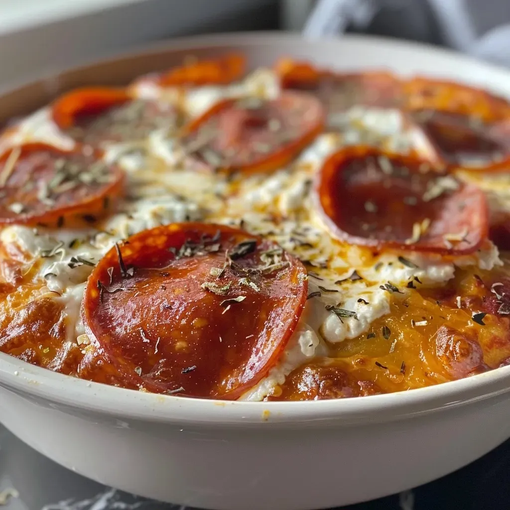 Close-up of a Cottage Cheese Pizza Bowl with melted cheese and toppings.