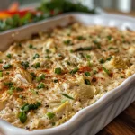 ['Close-up view of a creamy, baked crab artichoke dip in a serving dish.', 'A luscious crab artichoke dip, garnished with green onions and red bell peppers.', 'A side view of a golden-brown crab artichoke dip topped with melted cheese.', 'Creamy crab artichoke dip in a bowl, showcasing its rich texture and vibrant colors.']