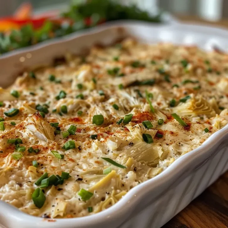 ['Close-up view of a creamy, baked crab artichoke dip in a serving dish.', 'A luscious crab artichoke dip, garnished with green onions and red bell peppers.', 'A side view of a golden-brown crab artichoke dip topped with melted cheese.', 'Creamy crab artichoke dip in a bowl, showcasing its rich texture and vibrant colors.']