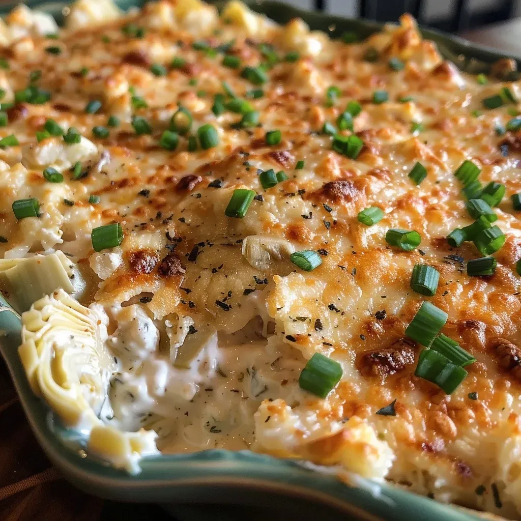['Close-up view of a creamy, baked crab artichoke dip in a serving dish.', 'A luscious crab artichoke dip, garnished with green onions and red bell peppers.', 'A side view of a golden-brown crab artichoke dip topped with melted cheese.', 'Creamy crab artichoke dip in a bowl, showcasing its rich texture and vibrant colors.']