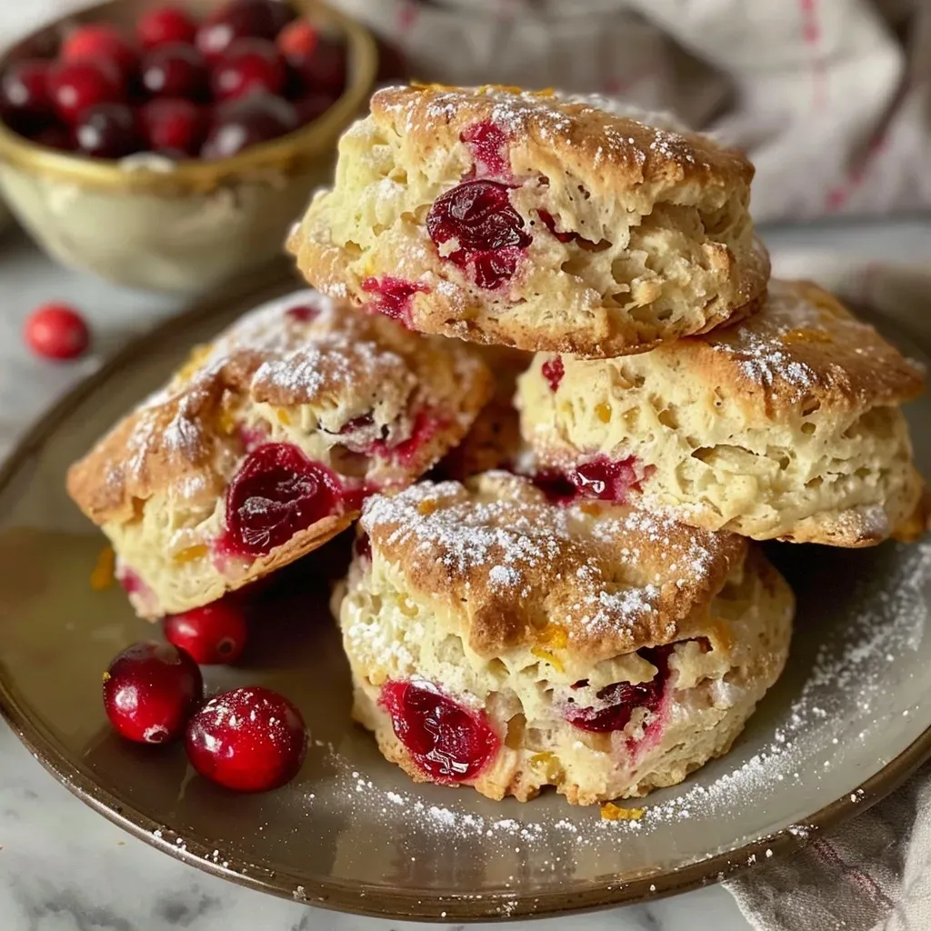 ['A close-up side view of a golden-brown cranberry orange scone with a flaky texture.', 'Juicy cranberry orange scone displayed on a plate, showcasing its crumbly exterior and vibrant fruit pieces.', 'A freshly baked cranberry orange scone with a glossy finish and visible orange zest.', 'Side profile of a scone filled with cranberries, highlighting its moist interior and appealing golden crust.']