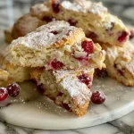 ['A side view of freshly baked cranberry orange scones with a golden brown crust and visible cranberries.', 'Close-up of cranberry orange scones showcasing their flaky texture and vibrant orange zest on top.', 'A detailed shot of cranberry orange scones, highlighting their juicy cranberries and rich buttery color.', 'An inviting side view of cranberry orange scones, revealing their soft interior and crumbly exterior.']
