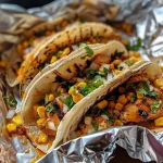 ['Close-up view of a vibrant taco filled with corn and chicken.', 'Juicy street corn chicken taco displayed on a colorful plate.', 'Side view of a taco overflowing with chicken and street corn toppings.', 'Textured taco showcasing sweet corn, chicken, and garnishes.']