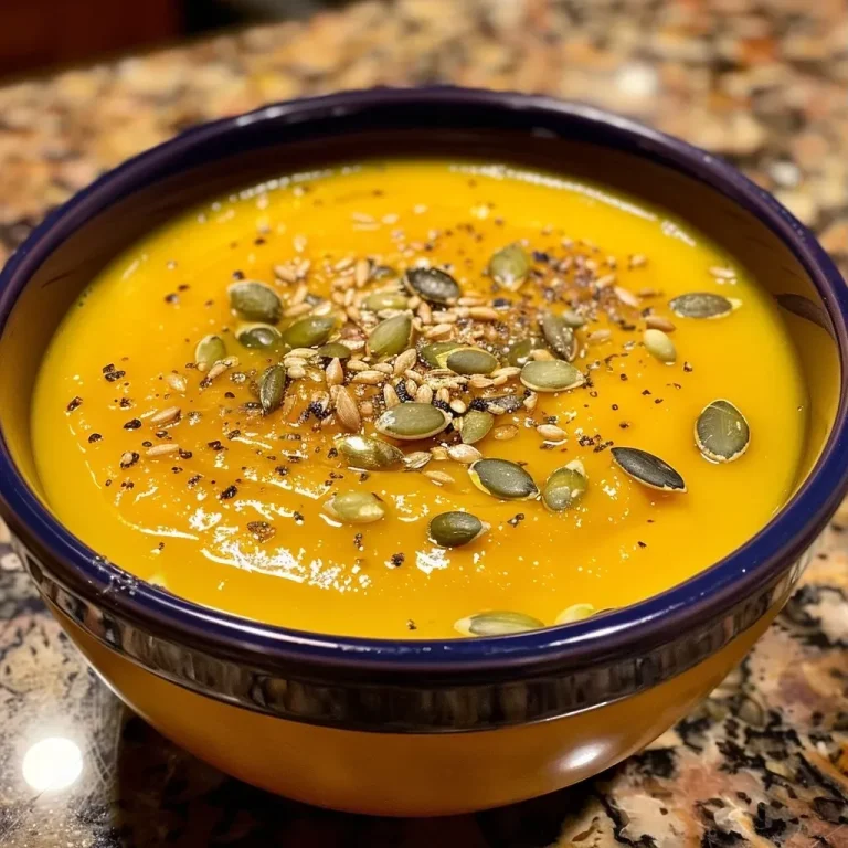 ['A close-up side view of creamy butternut squash soup topped with pumpkin seeds.', 'A bowl of vibrant orange butternut squash soup garnished with crispy chickpeas.', 'Thick and creamy butternut squash soup served in a rustic bowl with herbs sprinkled on top.', 'A rich butternut squash soup in a bowl, featuring a smooth texture and colorful toppings.']