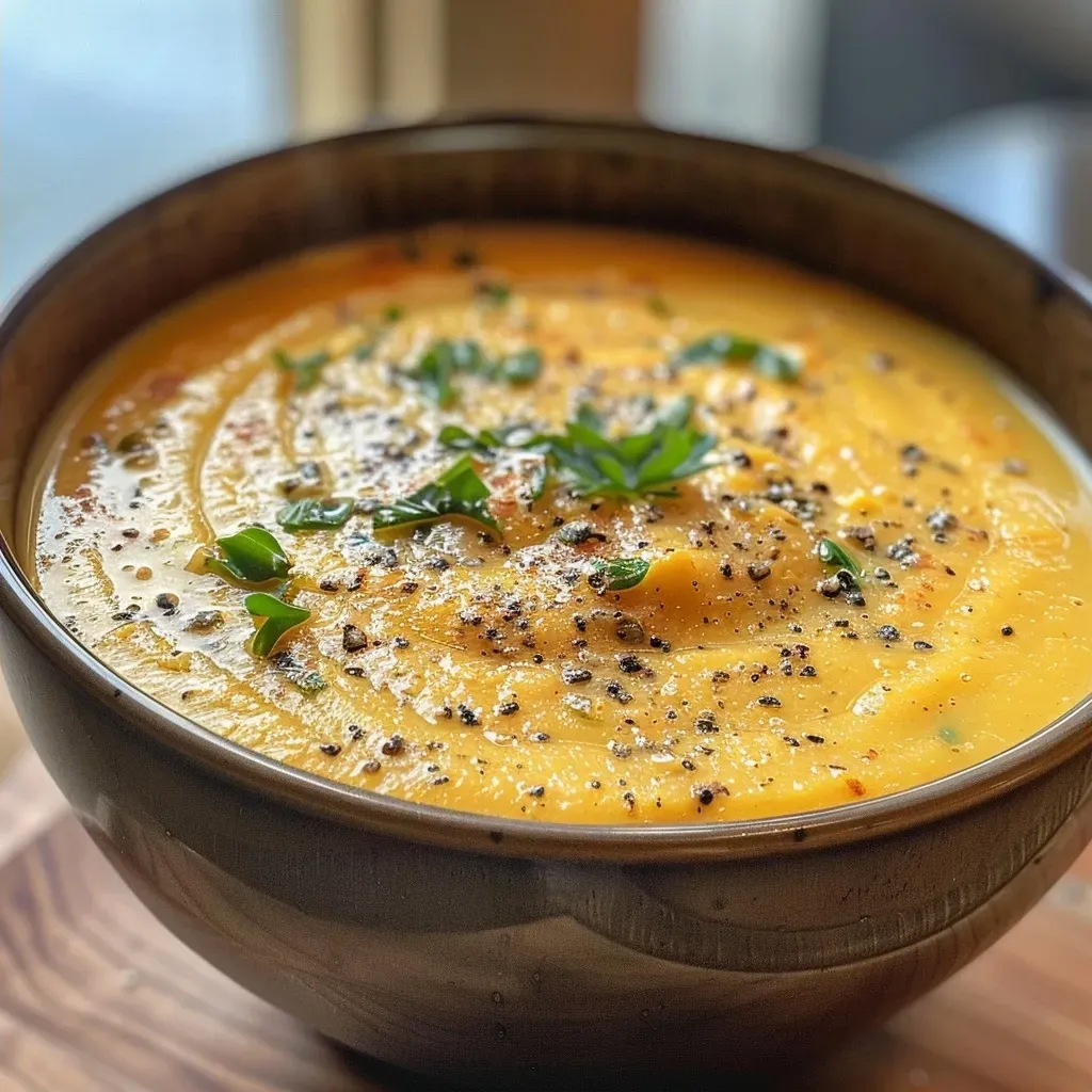 ['A close-up side view of creamy butternut squash soup topped with pumpkin seeds.', 'A bowl of vibrant orange butternut squash soup garnished with crispy chickpeas.', 'Thick and creamy butternut squash soup served in a rustic bowl with herbs sprinkled on top.', 'A rich butternut squash soup in a bowl, featuring a smooth texture and colorful toppings.']