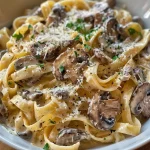['A close-up view of creamy mushroom pasta served in a bowl, showcasing fettuccine and mushrooms.', 'Side view of a delicious plate of creamy mushroom pasta, highlighting the texture of the sauce and noodles.', 'A rich, creamy mushroom pasta dish with fresh herbs and grated parmesan, captured in vibrant detail.', 'Detailed shot of fettuccine pasta coated in a creamy mushroom sauce, garnished with parsley.']