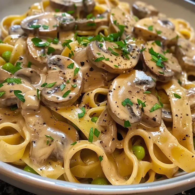 ['Close-up side view of creamy mushroom stroganoff pasta with mushrooms and herbs.', 'A vibrant plate of creamy mushroom stroganoff pasta garnished with fresh parsley.', 'Delicious creamy mushroom stroganoff pasta showcasing rich sauce and pasta variety.', 'Side view of fettuccine in creamy mushroom stroganoff sauce with vegetables.']