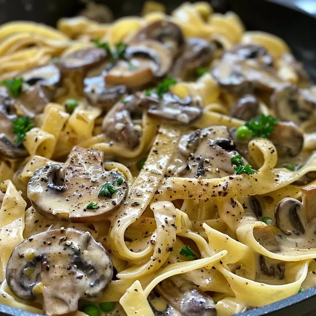 ['Close-up side view of creamy mushroom stroganoff pasta with mushrooms and herbs.', 'A vibrant plate of creamy mushroom stroganoff pasta garnished with fresh parsley.', 'Delicious creamy mushroom stroganoff pasta showcasing rich sauce and pasta variety.', 'Side view of fettuccine in creamy mushroom stroganoff sauce with vegetables.']