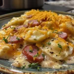 ['A close-up side view of a Crockpot Pierogi Casserole with melted cheese and sliced kielbasa.', 'Juicy and layered Crockpot Pierogi Casserole, showcasing pierogies, cream cheese, and sausage.', 'Detailed shot of a Crockpot Pierogi Casserole filled with cheddar cheese and kielbasa slices.', 'A savory Crockpot Pierogi Casserole from the side, highlighting its creamy texture and toppings.']