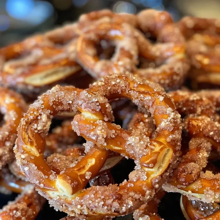 ['Close-up view of crunchy cinnamon sugar pretzels arranged on a plate.', 'Side view of mini pretzels coated in cinnamon sugar on a rustic table.', 'A tempting pile of cinnamon sugar pretzels with a golden-brown finish.', 'Delicious crunchy pretzels sprinkled with cinnamon and sugar on a baking tray.']