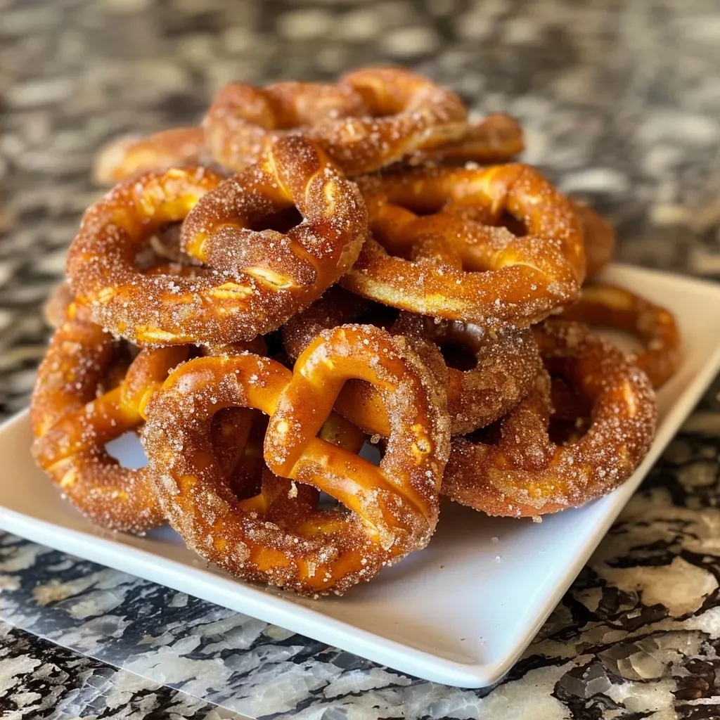 ['Close-up view of crunchy cinnamon sugar pretzels arranged on a plate.', 'Side view of mini pretzels coated in cinnamon sugar on a rustic table.', 'A tempting pile of cinnamon sugar pretzels with a golden-brown finish.', 'Delicious crunchy pretzels sprinkled with cinnamon and sugar on a baking tray.']