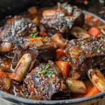 ['Close-up view of juicy Dutch Oven short ribs with garnishes.', 'Side view of tender beef short ribs in a Dutch oven, showcasing rich sauce.', 'Delicious-looking Dutch Oven short ribs, glistening in savory broth.', 'Close-up of cooked short ribs in a pot, featuring herbs and vegetables.']