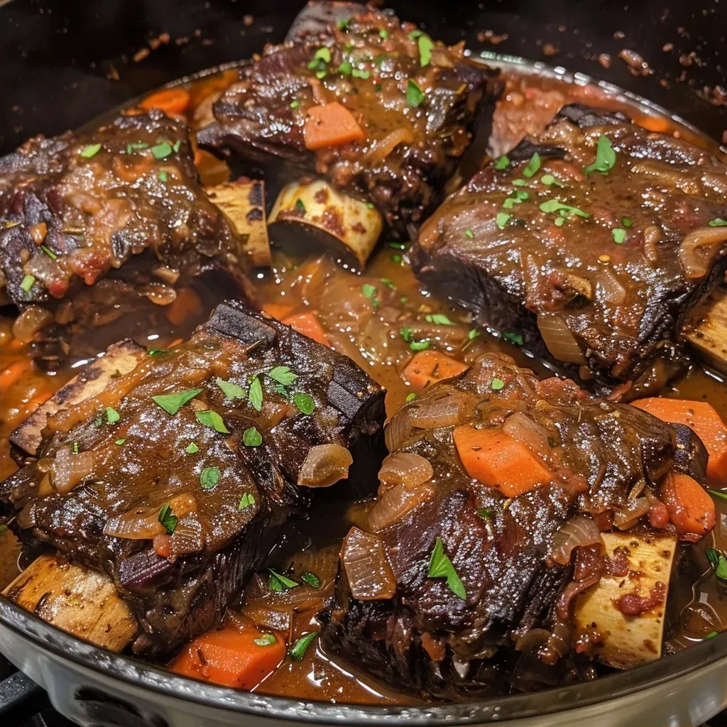 Close-up view of juicy Dutch Oven short ribs with garnishes.