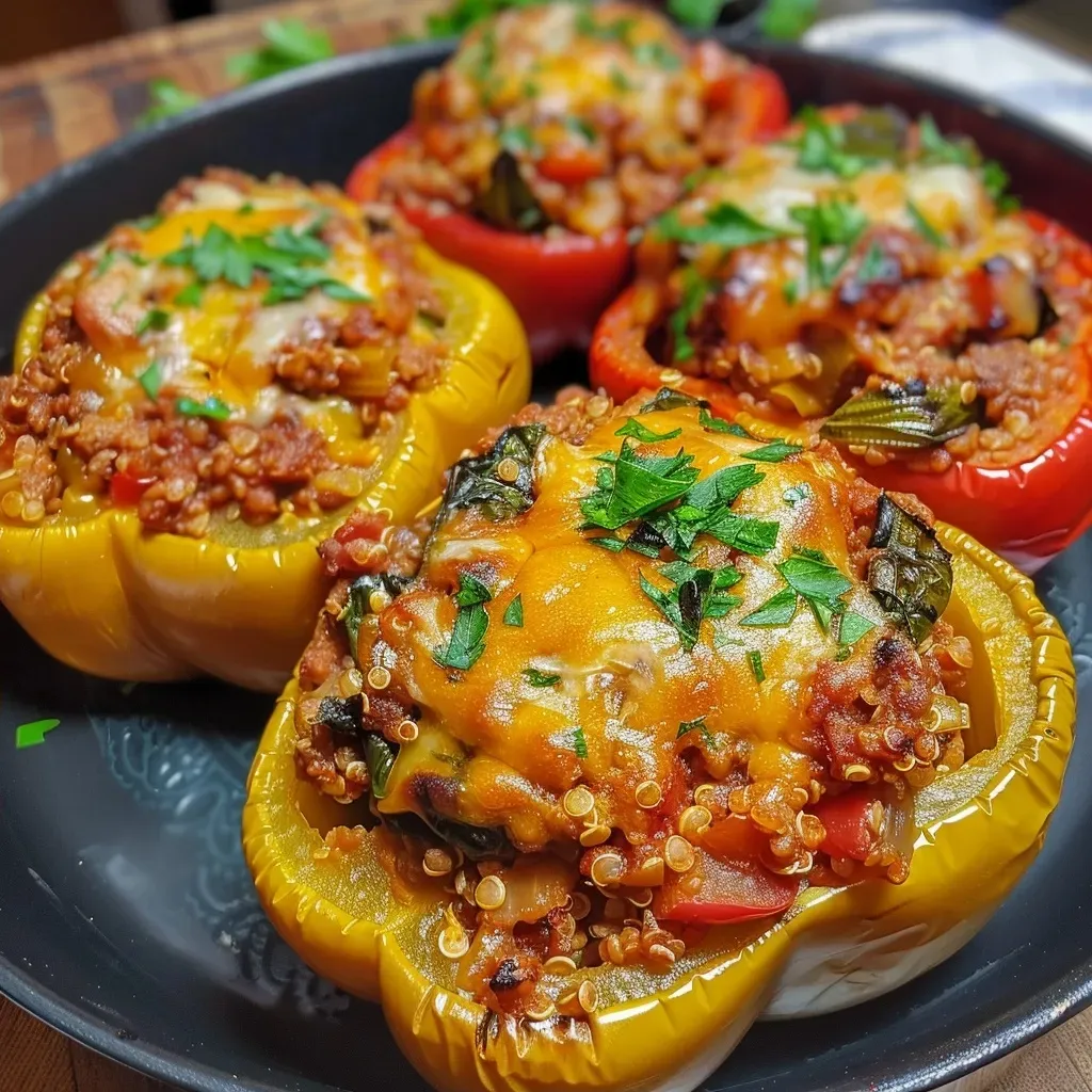 ['Close-up view of colorful stuffed bell peppers filled with a savory mixture.', 'Juicy air-fried stuffed peppers with visible layers of cheese and vegetables.', 'Side view of vibrant bell peppers bursting with a hearty filling.', 'Delicious air fryer stuffed peppers showcasing ground turkey and fresh salsa.']