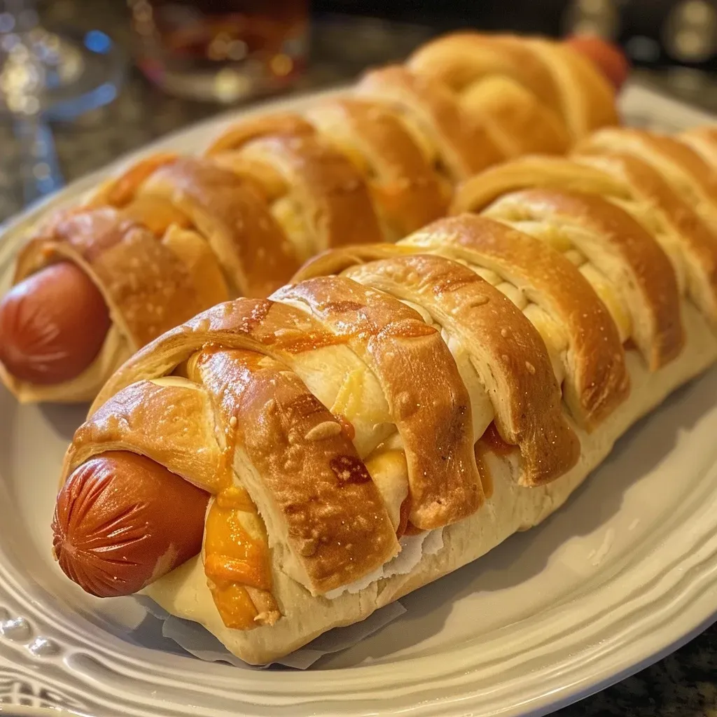 ['Close-up view of Easy Mummy Hot Dogs wrapped in crescent dough with a golden-brown finish.', 'Juicy hot dogs partially covered in a flaky crescent dough with a side view display.', 'Side perspective of crescent-dough-wrapped hot dogs, showcasing their crispy texture.',