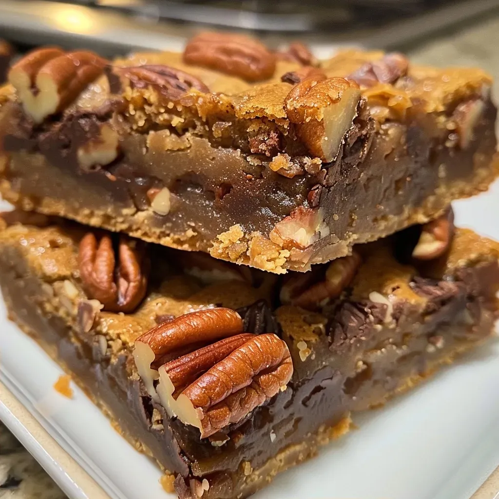 Close-up view of delicious Easy Turtle Bars with a glossy chocolate topping and pecan halves.