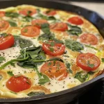 ['A close-up side view of a juicy egg white frittata topped with cherry tomatoes and spinach.', 'A slice of egg white frittata showcasing vibrant spinach, tomatoes, and a sprinkle of Parmesan.', 'A delicious frittata filled with egg whites, spinach, and colorful cherry tomatoes on a plate.', 'A golden-brown egg white frittata with fresh greens and red tomatoes, presented appetizingly.']