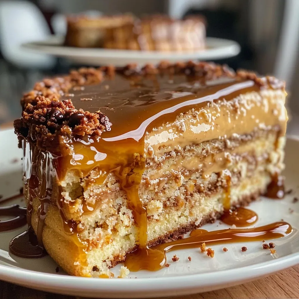 ['A close-up side view of a decadent Gluten Free Caramel Latte Cake, showcasing its rich layers and caramel drizzle.', 'A detailed image of a moist Gluten Free Caramel Latte Cake with a glossy caramel topping and a smooth icing finish.', 'A luscious Gluten Free Caramel Latte Cake captured from the side, highlighting its creamy layers and inviting texture.', 'An appetizing side view of a Gluten Free Caramel Latte Cake, featuring caramel drizzles and a soft, fluffy exterior.']