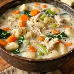 ['Close-up view of a bowl of Gnocchi Soup garnished with fresh basil.', 'A vibrant bowl of Gnocchi Soup with visible gnocchi and tomato chunks.', 'Side view of hearty Gnocchi Soup filled with vegetables and herbs.', 'Close-up of creamy Gnocchi Soup with a sprinkle of basil on top.']