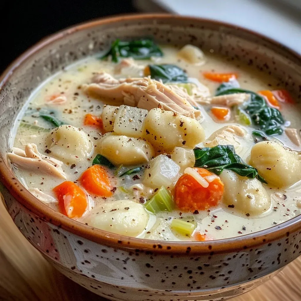 ['Close-up view of a bowl of Gnocchi Soup garnished with fresh basil.', 'A vibrant bowl of Gnocchi Soup with visible gnocchi and tomato chunks.', 'Side view of hearty Gnocchi Soup filled with vegetables and herbs.', 'Close-up of creamy Gnocchi Soup with a sprinkle of basil on top.']