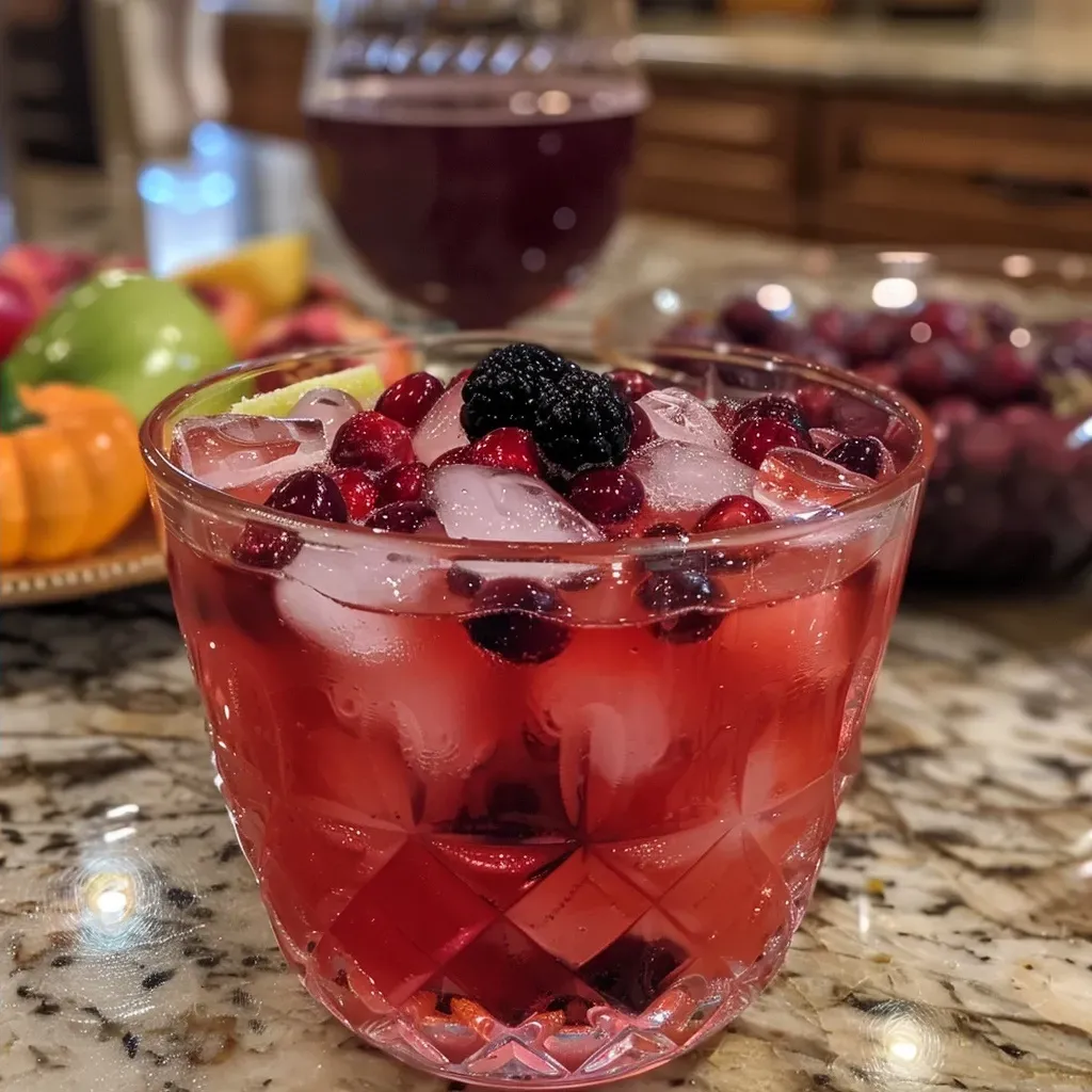 Close-up of a colorful Halloween punch in a clear glass with frozen blackberries on top.