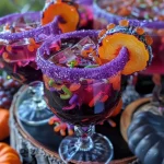 ['Close-up of a vibrant purple Halloween punch in a clear glass.', 'Side view of a sweet, purple drink with ice and colorful straws.', 'A glass filled with Halloween-themed purple punch and a slice of lemon.', 'Purple Pumpkin Eater Punch displayed with a festive Halloween backdrop.']