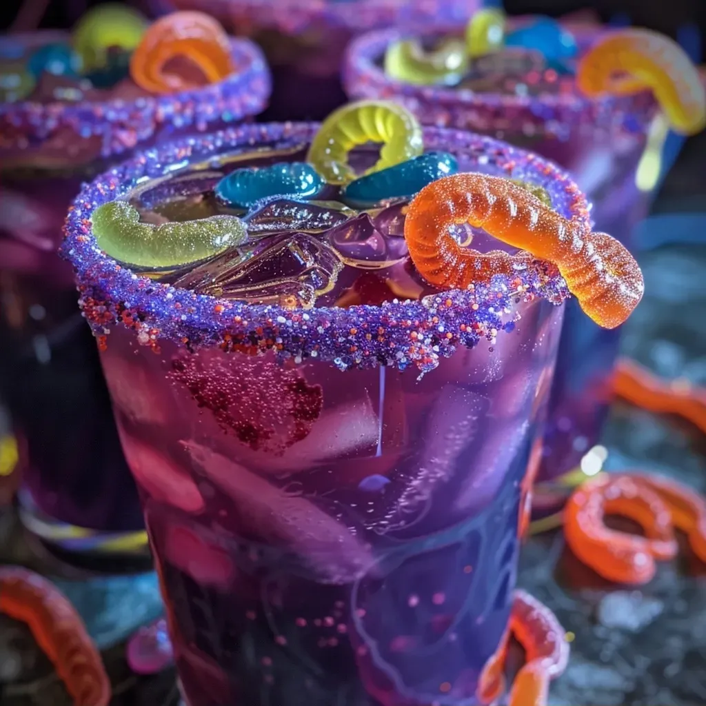['Close-up of a vibrant purple Halloween punch in a clear glass.', 'Side view of a sweet, purple drink with ice and colorful straws.', 'A glass filled with Halloween-themed purple punch and a slice of lemon.', 'Purple Pumpkin Eater Punch displayed with a festive Halloween backdrop.']
