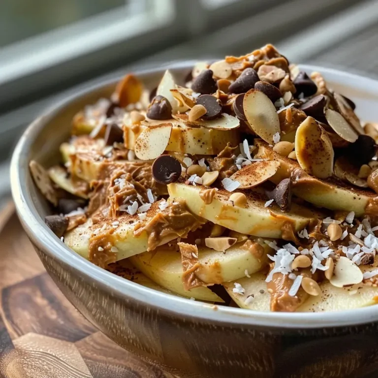 ['Close-up view of healthy apple nachos topped with nut butter, chocolate chips, and coconut.', 'Side view of apple slices drizzled with nut butter and sprinkled with toppings, served as nachos.', 'Juicy apple nachos featuring a variety of toppings including nuts and chocolate.', 'A colorful arrangement of apple slices with nut butter and assorted toppings, presented on a plate.']
