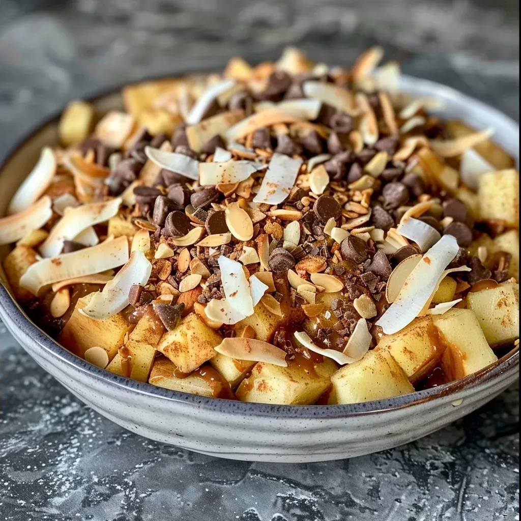 ['Close-up view of healthy apple nachos topped with nut butter, chocolate chips, and coconut.', 'Side view of apple slices drizzled with nut butter and sprinkled with toppings, served as nachos.', 'Juicy apple nachos featuring a variety of toppings including nuts and chocolate.', 'A colorful arrangement of apple slices with nut butter and assorted toppings, presented on a plate.']