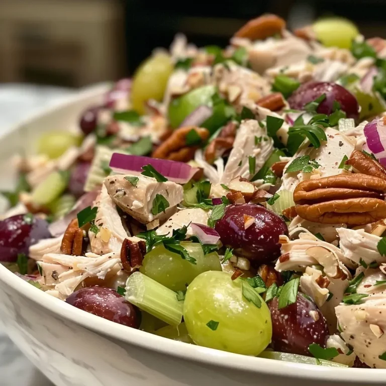 ['A close-up view of a vibrant chicken salad with diced chicken, grapes, and pecans.', 'Side view of a healthy chicken salad featuring celery, red onion, and Greek yogurt dressing.', 'Juicy chicken salad in a bowl, showcasing fresh ingredients like grapes and chopped nuts.', 'Colorful chicken salad with a mix of textures, including sliced grapes and crunchy pecans.']