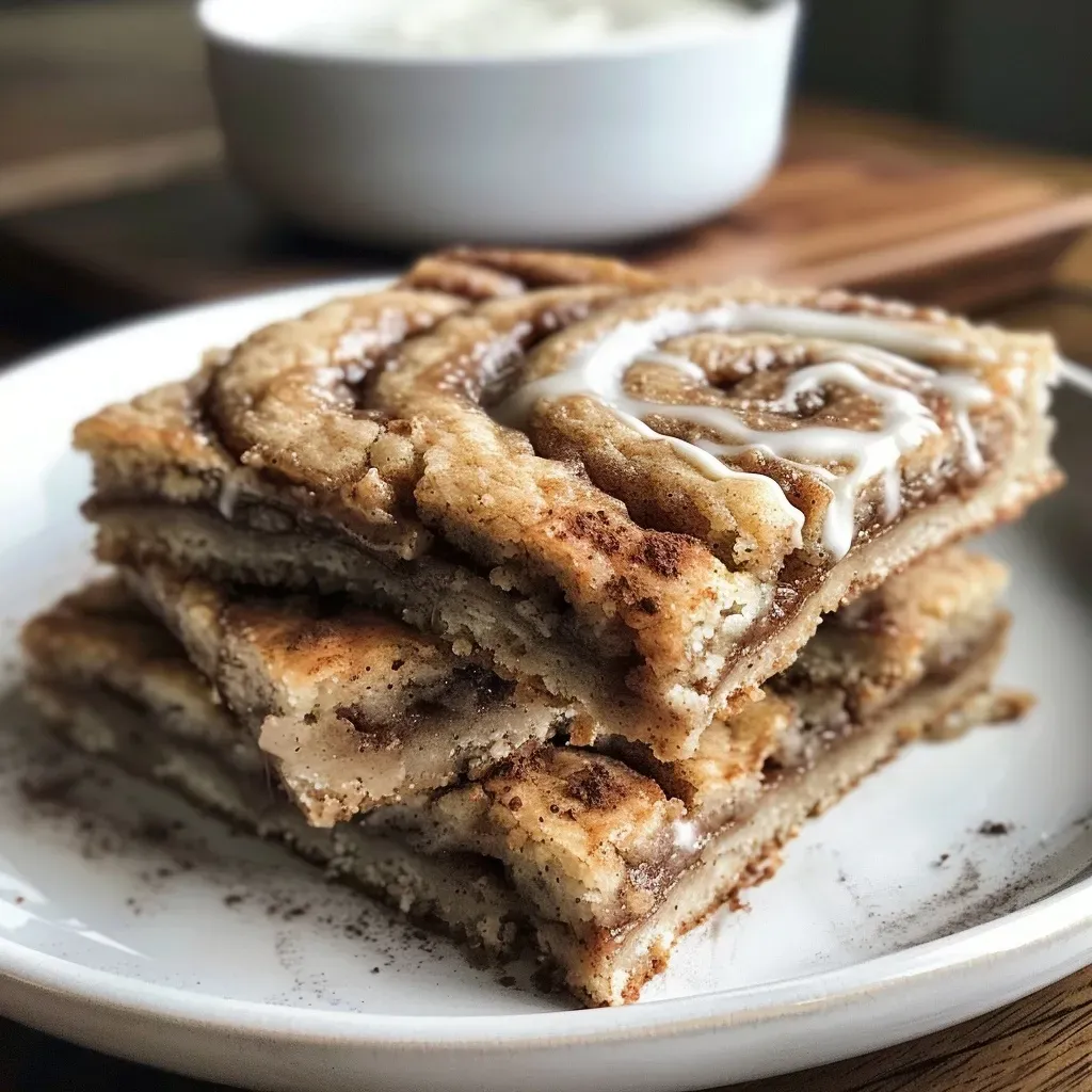 ['Side view of healthy cinnamon roll cookie bars, displaying a soft, moist texture with cinnamon swirls.', 'Close-up of healthy cinnamon roll cookie bars, highlighting the golden brown edges and creamy topping.', 'Image of healthy cinnamon roll cookie bars, showcasing their fluffy interior and drizzle of cream cheese frosting.', 'Detailed view of healthy cinnamon roll cookie bars, illustrating the cinnamon dusting and rich coloration.']