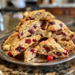 ['Close-up view of freshly baked cranberry orange scones with a golden crust.', 'Side view of healthy cranberry orange scones showcasing cranberries and orange zest.', 'Juicy cranberry orange scones displayed on a rustic wooden table.', 'Delicious scones with a vibrant orange and cranberry filling, highlighting texture.']