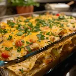 ['Juicy King Ranch Chicken Casserole served in a dish with melted cheese on top.', 'Close-up view of a Healthy King Ranch Chicken Casserole showcasing vibrant ingredients.', 'A colorful, hearty casserole loaded with chicken, vegetables, and cheese.', 'A side view of a baked chicken casserole, revealing layers of tortillas and sauce.']