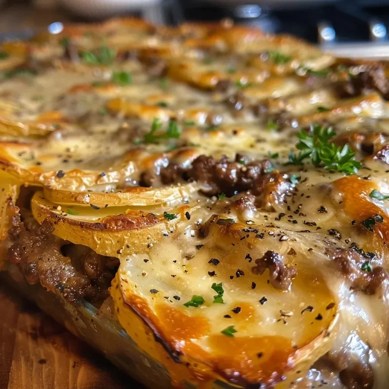 ['Close-up view of a hearty beef and potato bake with melted cheese on top.', 'Side view of a loaded beef and potato casserole with garnish.', 'Juicy beef and potato bake topped with cheddar cheese, ready to serve.', 'A delicious, freshly baked beef and potato dish with a creamy texture and herbs.']