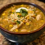 ['A close-up view of a bowl of Healthy White Chicken Chili topped with fresh herbs.', 'Juicy Healthy White Chicken Chili in a side view, showcasing its creamy texture and vibrant ingredients.', 'A colorful display of Healthy White Chicken Chili filled with beans and chicken in a bowl.', 'Bountiful serving of Healthy White Chicken Chili featuring diced vegetables and spices in a rich broth.']
