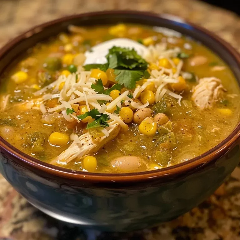 ['A close-up view of a bowl of Healthy White Chicken Chili topped with fresh herbs.', 'Juicy Healthy White Chicken Chili in a side view, showcasing its creamy texture and vibrant ingredients.', 'A colorful display of Healthy White Chicken Chili filled with beans and chicken in a bowl.', 'Bountiful serving of Healthy White Chicken Chili featuring diced vegetables and spices in a rich broth.']