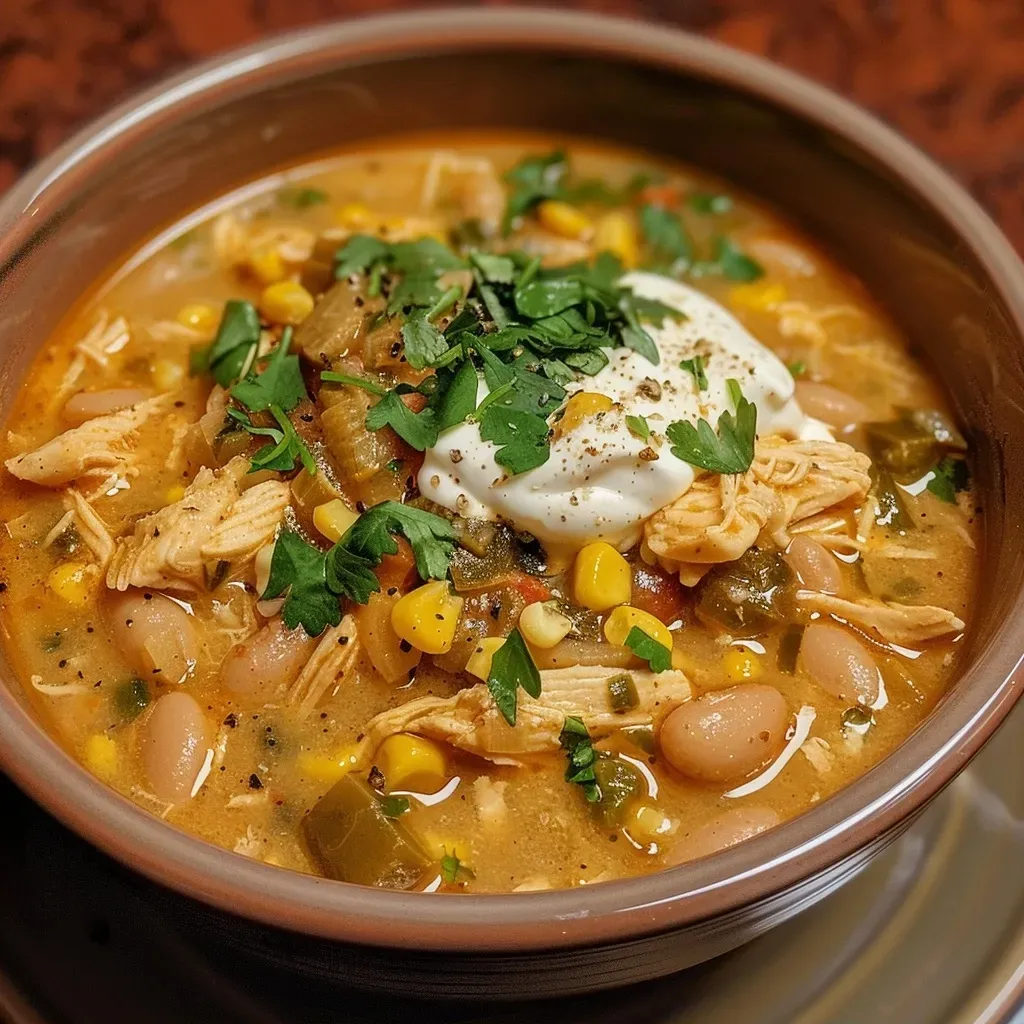 ['A close-up view of a bowl of Healthy White Chicken Chili topped with fresh herbs.', 'Juicy Healthy White Chicken Chili in a side view, showcasing its creamy texture and vibrant ingredients.', 'A colorful display of Healthy White Chicken Chili filled with beans and chicken in a bowl.', 'Bountiful serving of Healthy White Chicken Chili featuring diced vegetables and spices in a rich broth.']