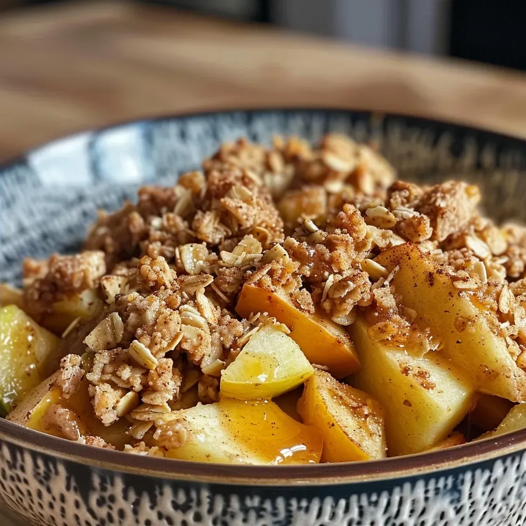 ['Close-up view of a steaming High-Protein Apple Crumble with a golden topping.', 'Side angle of a delicious High-Protein Apple Crumble featuring diced apples and a crispy oat layer.', 'Detailed shot of High-Protein Apple Crumble with visible cinnamon and oats, served warm.', 'Close-up of a slice of High-Protein Apple Crumble, showcasing its texture and ingredients.']