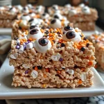 ['Close-up side view of colorful High Protein Halloween Rice Krispie Treats with candy eyes.', 'Side view of Halloween-themed Rice Krispie Treats featuring orange and white colors with sprinkles.', 'Detailed shot of Halloween Rice Krispie Treats adorned with candy eye decorations.', 'Close-up image of gooey, high-protein Rice Krispie Treats with vibrant Halloween colors.']