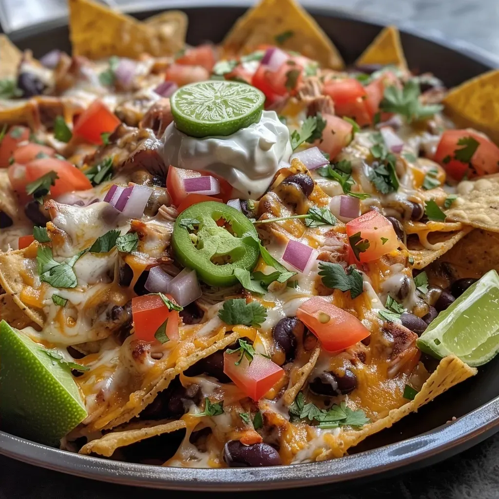 ['Close-up view of colorful nachos topped with cheese, chicken, and fresh ingredients.', 'Juicy high-protein loaded nachos with shredded chicken, cheese, and garnishes.', 'Side view of a plate of nachos piled high with toppings like jalapeños and tomatoes.', 'Delicious nachos featuring melted cheese and a variety of toppings served on a plate.']