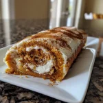 ['Close-up view of a sliced high-protein pumpkin roll with a creamy filling.', 'Side perspective of a healthy pumpkin roll showcasing its textured layers.', 'Detailed image of a high-protein pumpkin roll, highlighting its moist interior and dusting of powdered sugar substitute.', 'Close-up of a pumpkin roll slice revealing the filling and the rolled texture.']