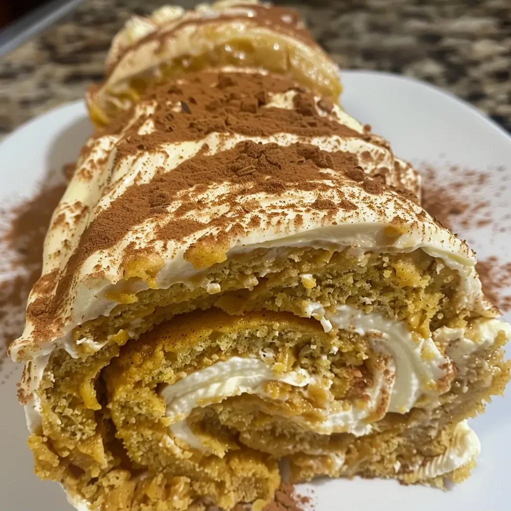 ['Close-up view of a sliced high-protein pumpkin roll with a creamy filling.', 'Side perspective of a healthy pumpkin roll showcasing its textured layers.', 'Detailed image of a high-protein pumpkin roll, highlighting its moist interior and dusting of powdered sugar substitute.', 'Close-up of a pumpkin roll slice revealing the filling and the rolled texture.']