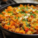 ['Close-up view of a colorful High-Protein Sweet Potato Breakfast Hash with eggs, sausage, and vegetables.', 'Side angle of a savory breakfast hash featuring diced sweet potatoes, scrambled eggs, and melted cheese.', 'A hearty plate of sweet potato hash with turkey sausage, bell peppers, and a sprinkle of spices.', 'Detailed image of breakfast hash showcasing vibrant ingredients including sweet potatoes, onions, and cheddar cheese.']