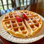 ['Close-up view of a golden, fluffy homemade waffle on a plate.', 'Side view of a perfectly cooked waffle, showing its crispy edges and soft center.', 'Delicious homemade waffle served on a plate with soft lighting highlighting its texture.', 'Image of a warm, freshly made waffle with a light glaze, emphasizing its appetizing color.']