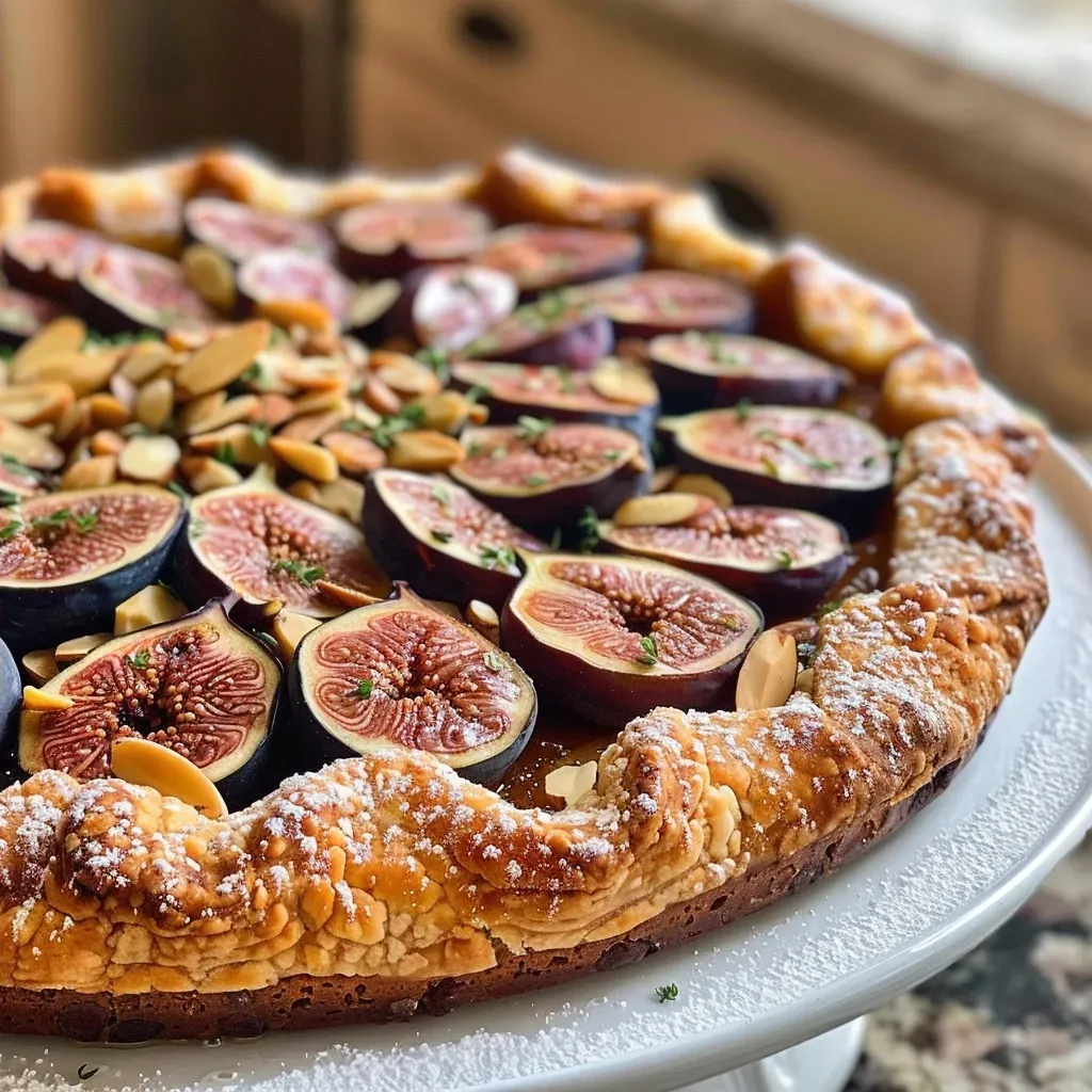 ['A close-up side view of a golden brown Honey-Roasted Fig and Almond Galette with visible figs and almond slices.', 'A detailed side profile of a Honey-Roasted Fig and Almond Galette, showcasing its flaky crust and juicy filling.', 'A vibrant photo of a Honey-Roasted Fig and Almond Galette, highlighting its rich colors and textures with freshly roasted figs.', 'A side view of a Honey-Roasted Fig and Almond Galette, emphasizing the crispy crust and almond topping.']