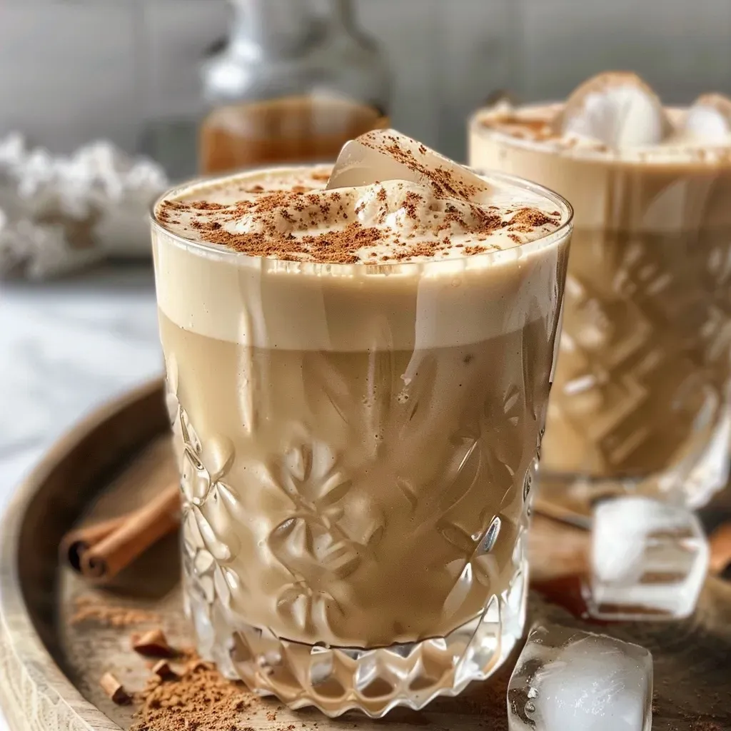 Close-up view of a refreshing iced chai latte in a clear glass with ice cubes.
